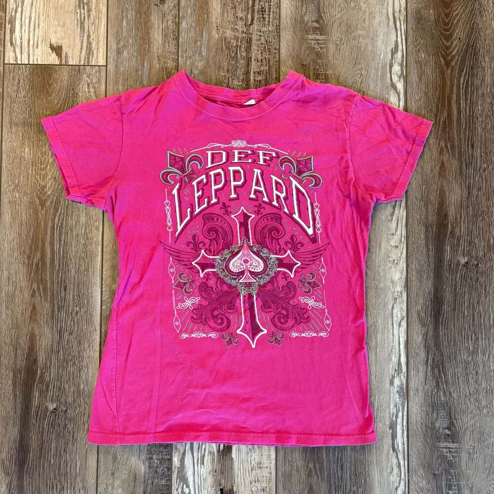 Def Leppard Pink Graphic Band Tee Womens Fitted Spade Cross Shirt